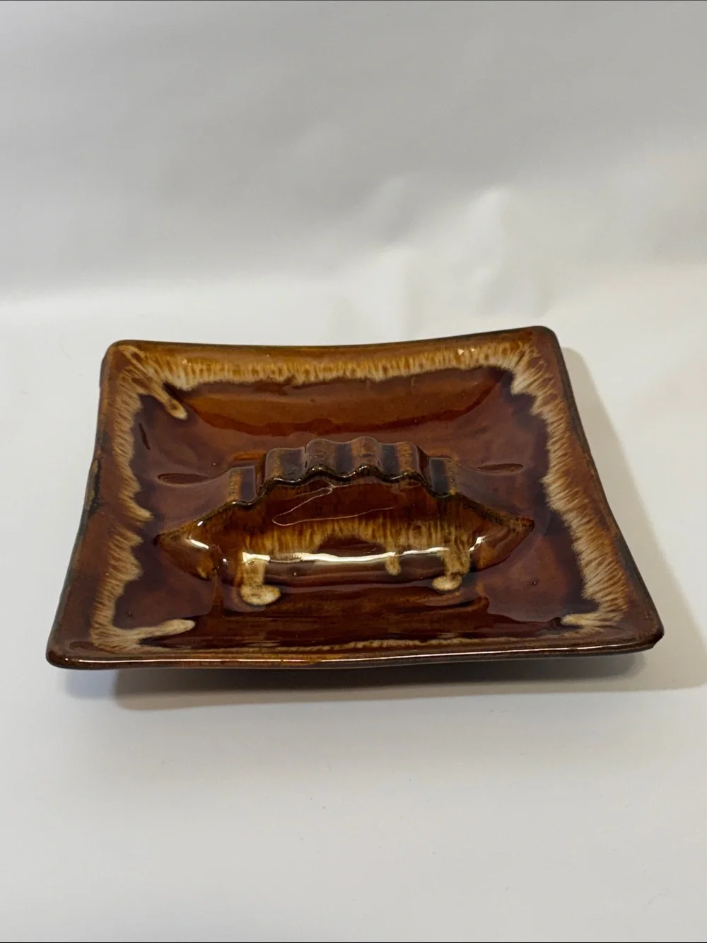 Vintage Mid-Century Modern Square Drip Glaze Ceramic Ashtray